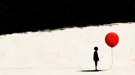 Solitary figure with a red balloon against a stark backdrop