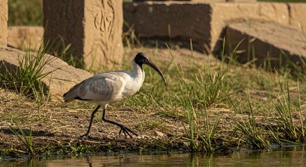 Ibis Bird Walking Near Water with Ancient Ruins in Background