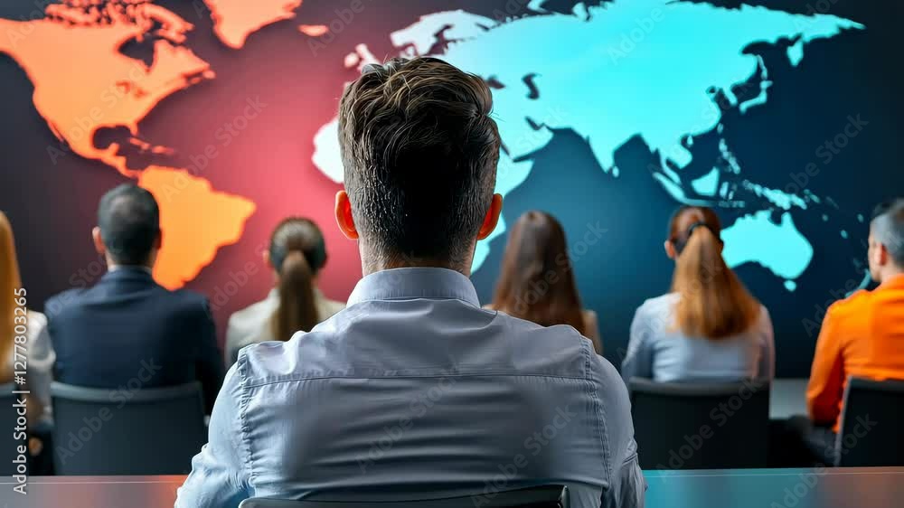 Poster a person sits in front of a large world map display, engaged in a presentation or discussion with an