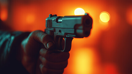 Intent: A gripping image of a person's hand firmly gripping a pistol, aimed forward in the dimly lit environment, creating a strong sense of tension and impending action.