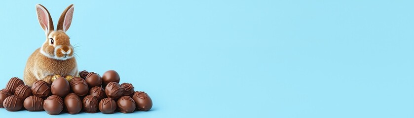 Obraz premium A cute bunny sits atop a pile of chocolate treats against a light blue background.