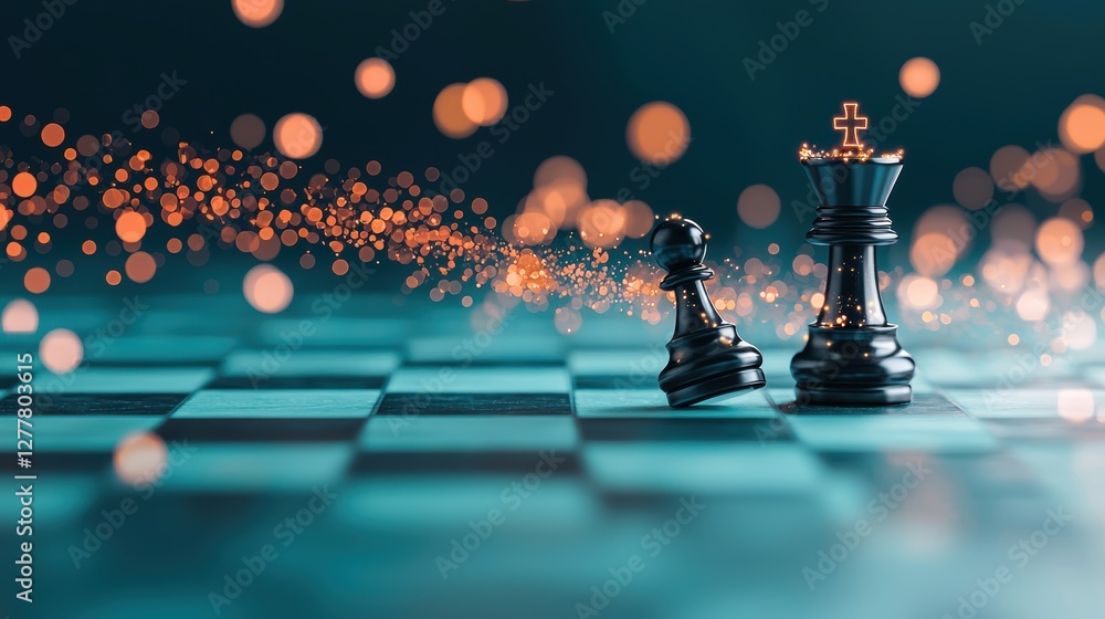 Poster a conceptual image of a chessboard with ai and hacker pieces facing off, representing the ongoing ba