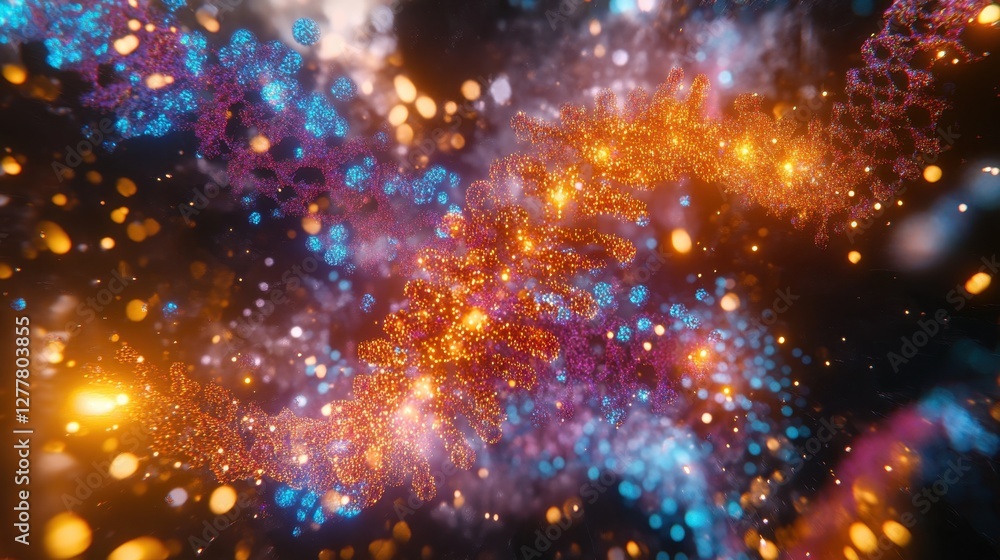 Poster close-up 3d rendering of a vibrant dna strand with glowing particles surrounding it, representing ge
