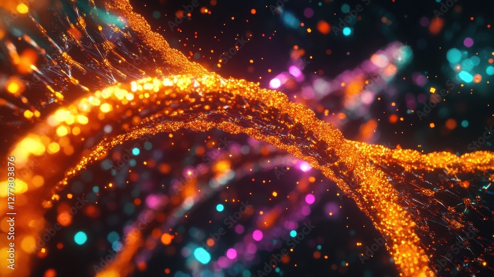 Poster close-up 3d rendering of a vibrant dna strand with glowing particles surrounding it, representing ge