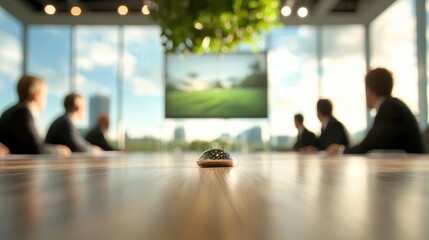 A formal team meeting in a corporate boardroom, with team members seated around a large table, listening attentively to a presentation on a screen.