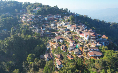 Aerial view from drone of the rural village in the mountains