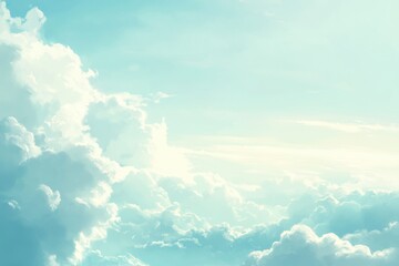 Beautiful light blue sky with soft clouds illuminated by warm sunlight