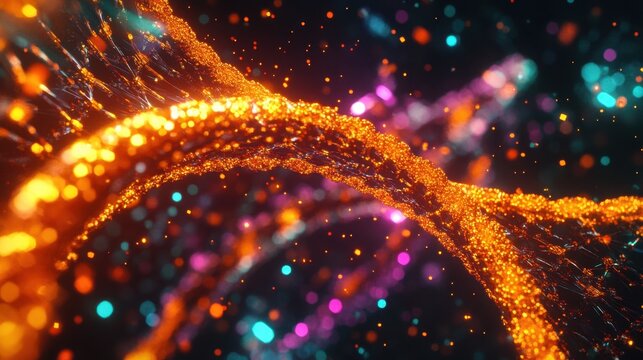 Close-up 3D rendering of a vibrant DNA strand with glowing particles surrounding it, representing genetic research in a high-tech setting