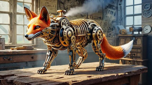 A steampunk mechanical fox with intricate brass gears and a steam-powered system in a vintage workshop. A fusion of fantasy and engineering.