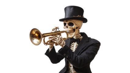 Skeleton playing trumpet in formal attire at event