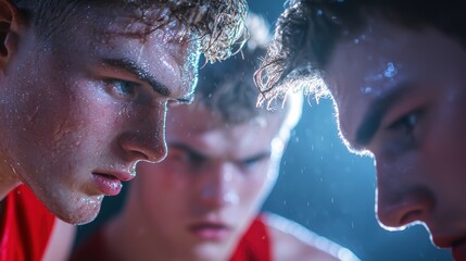 A team of basketball players huddling up during a timeout, listening intently to their coach instructions, with sweat dripping from their foreheads.