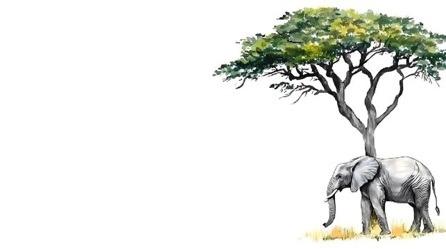 Watercolor Painting of an Elephant Under an Acacia Tree in the African Savanna.