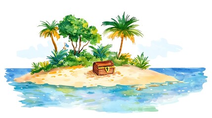 Obraz premium Watercolor Painting of a Tropical Island with a Treasure Chest