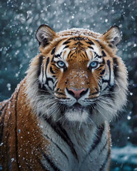 A Royal Bengal Tiger Looks Menacing in the Snow-Covered Forest. 