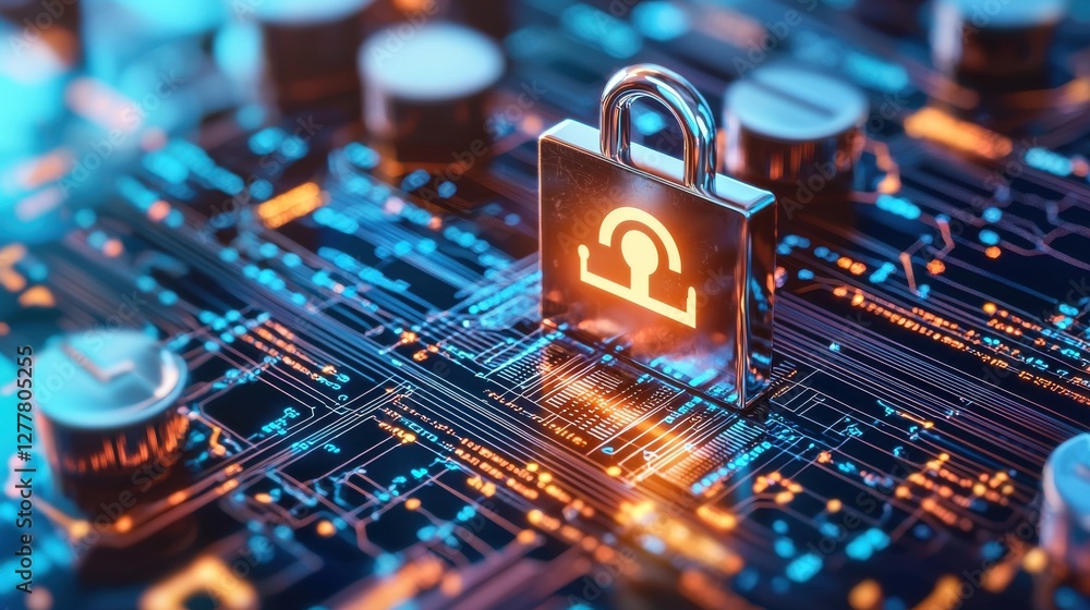 Poster secure digital technology protecting sensitive data with padlock icon on circuit board