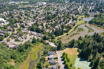 Aerial drone view of Summerlake City Park in Tigard, Oregon, showcasing Stark Reservoir, sports fields, walking trails, lush greenery, picnic areas, and surrounding residential neighborhoods