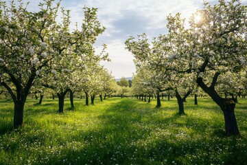 A breathtaking orchard in early spring, with blossoming apple trees creating a fairy tale-like setting.