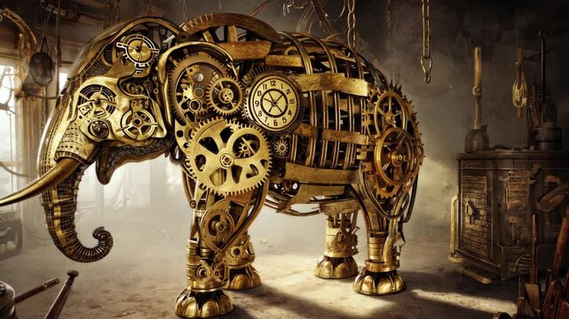A stunning steampunk mechanical elephant with intricate brass gears and clockwork details in a vintage workshop. A fusion of art, fantasy, and engineering.