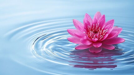 Pink water lily floats on calm water, ripples background, serenity