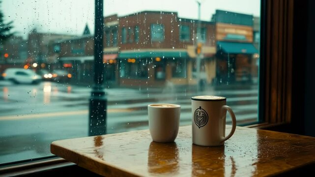 Rainy Day Coffee Shop Vibes: Two steaming mugs of coffee on a wooden table, viewed through a rain-streaked window overlooking a charming street scene.
