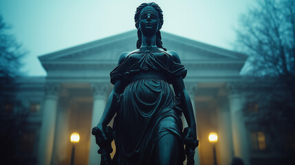 Fototapeta premium Lady Justice Stands Vigil: A majestic statue of Lady Justice presides over a grand courthouse. The atmospheric lighting casts long shadows, emphasizing the solemnity and authority of the law.