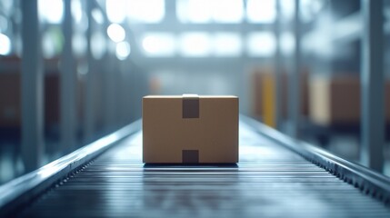 Package on Conveyor Belt in Modern Warehouse Environment