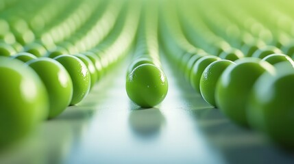Rows of green spheres converge, light background, food industry concept