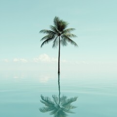 Fototapeta premium Tranquil Oasis with Lush Green Palm Tree Reflecting in Calm Water