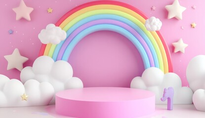 Pink pastel rainbow product display, clouds, stars