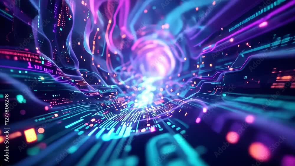 Poster dynamic neon light tunnel with futuristic digital patterns and vibrant colors in highspeed motion