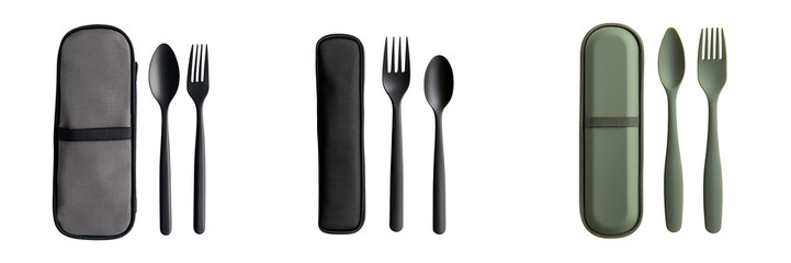 Elegant Travel Utensil Sets in Stylish Cases for Outdoor Dining Isolated on a Transparent Background