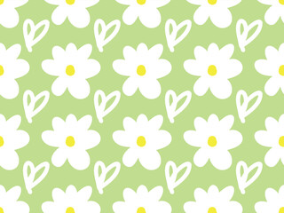Cute, nice, beautiful  chamomile flower and heart leaves, romantic nature, garden, summer, spring, botanical, floral. Seamless vector pattern for design and decoration. 