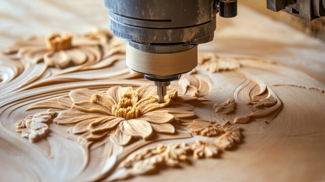 Close-up of a router cutting intricate patterns into a wooden panel.