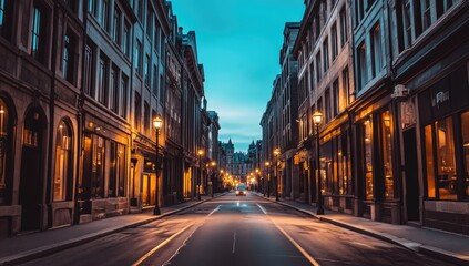 Empty city street at dawn, historic buildings, lit shop windows