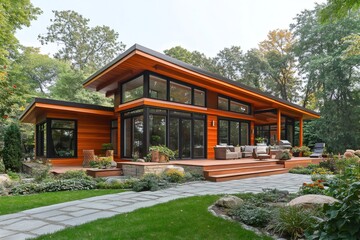 Modern wooden house with large windows surrounded by a beautiful garden