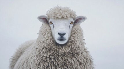 Fluffy sheep stares, winter field background, farm animal portrait, website banner