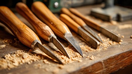 Close-up of sharp chisels with wooden handles resting on a sawdust-covered workbench.