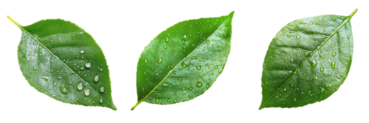 Green Leaves with Water Drops Isolated on a Transparent Background