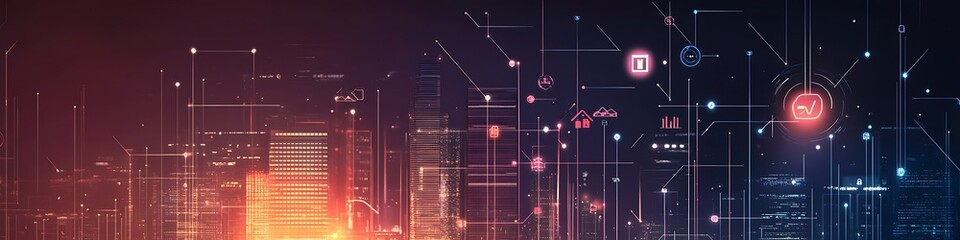 Fototapeta premium Smart City Skyline Illuminated With Digital Network Connections