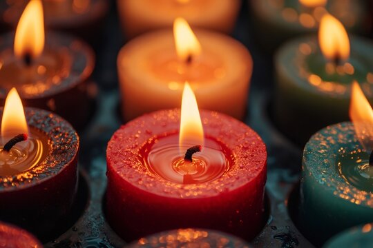 Many small burning candles creating warm atmosphere
