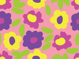 Bright neon colors cartoon flowers. Spring, summer floral, botanical garden. Cute, nice, lovely nature. Trendy and cool. Seamless vector pattern for design and decoration. 
