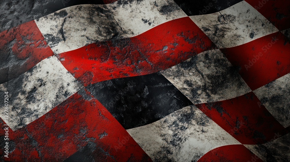 Poster worn and weathered red and white checkered flag pattern with a textured background