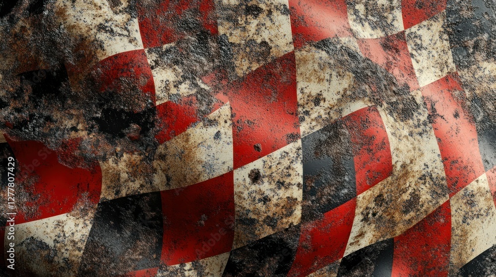 Poster close-up of a weathered checkered pattern with rust and texture, suggesting age and decay