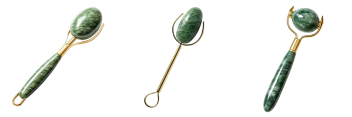 Set of Jade Facial Rollers for Skin Care and Beauty Treatments Isolated on a Transparent Background 