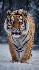Obraz premium A Royal Bengal Tiger Looks Menacing in the Snow-Covered Forest. 