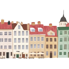 Fototapeta premium Watercolor Illustration of European Townhouses with Red Roofs