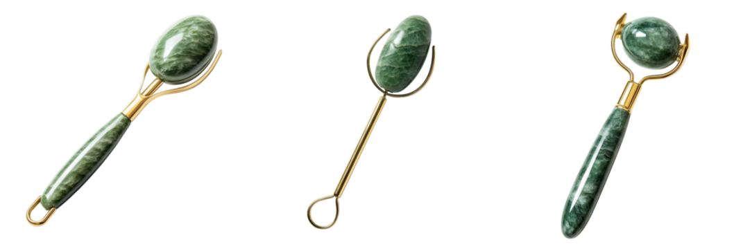 Set of Jade Facial Rollers for Skin Care and Beauty Treatments Isolated on a Transparent Background 