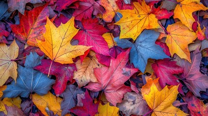 A pile of colorful autumn leaves in a park ready for raking.