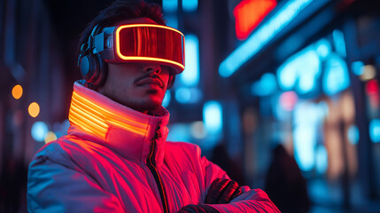 Obraz premium Cyberpunk Visionary: A man in a futuristic neon-lit cityscape, wearing a virtual reality headset and headphones. Capturing the fusion of technology and urban life.