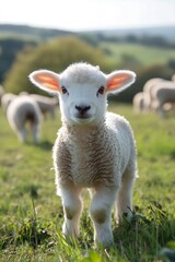 Obraz premium Adorable lamb standing in green field with flock of sheep grazing in background